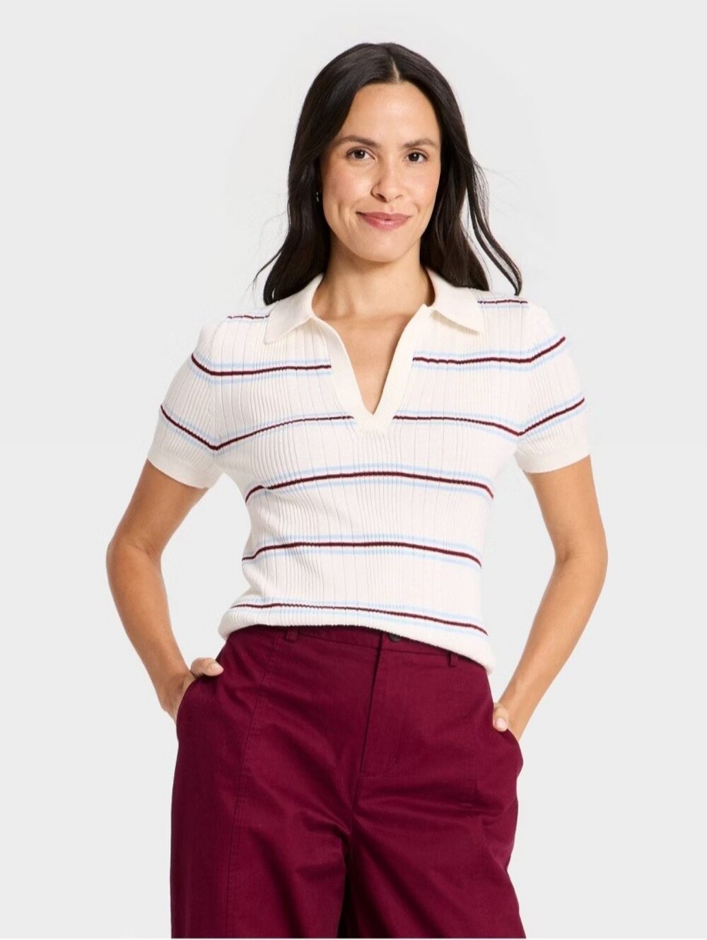Women's Johnny Collar Pullover Sweater T-Shirt - A New Day Cream Striped XS